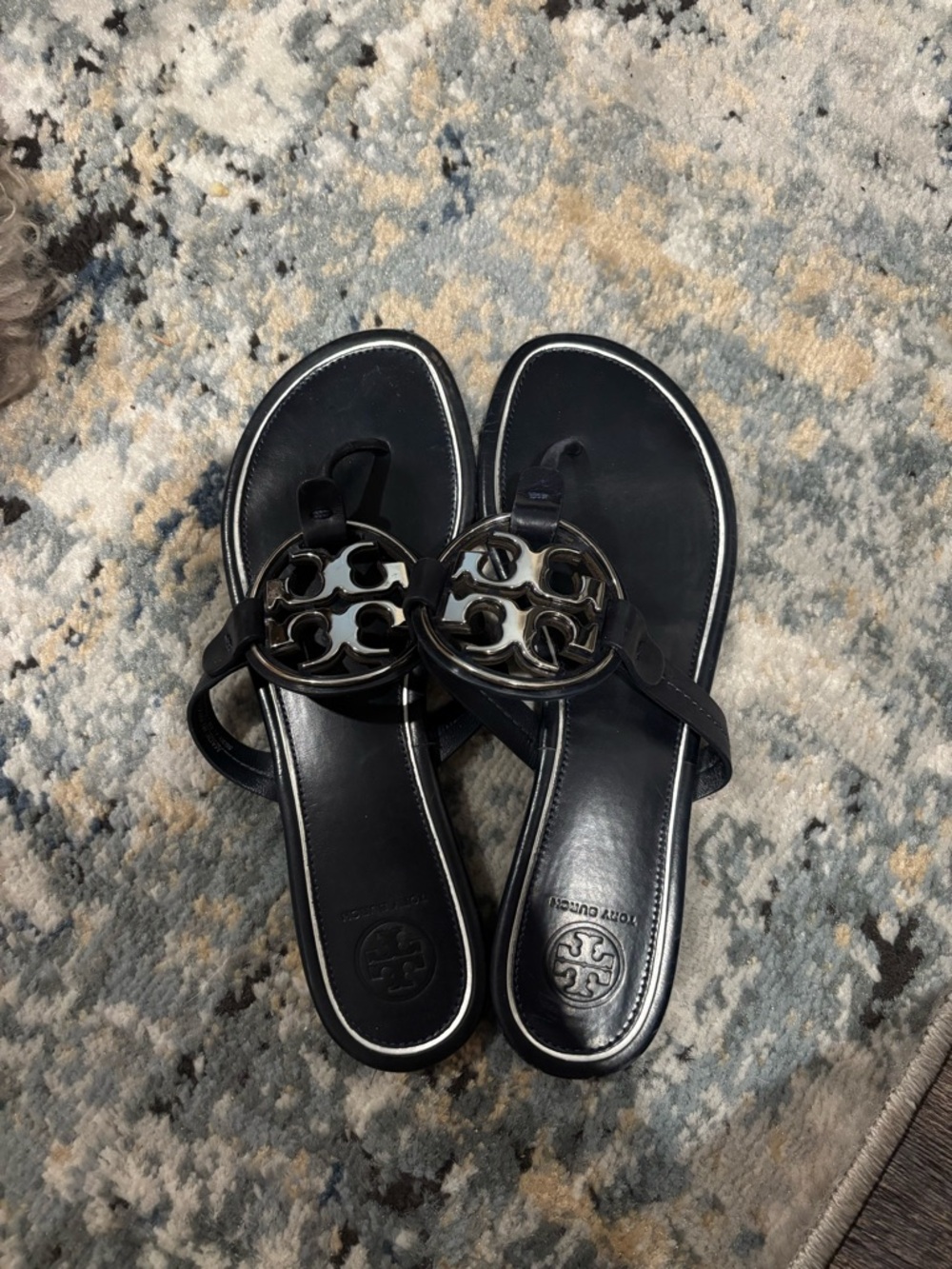 Tory Burch Navy Blue Miller Logo Thong Sandals